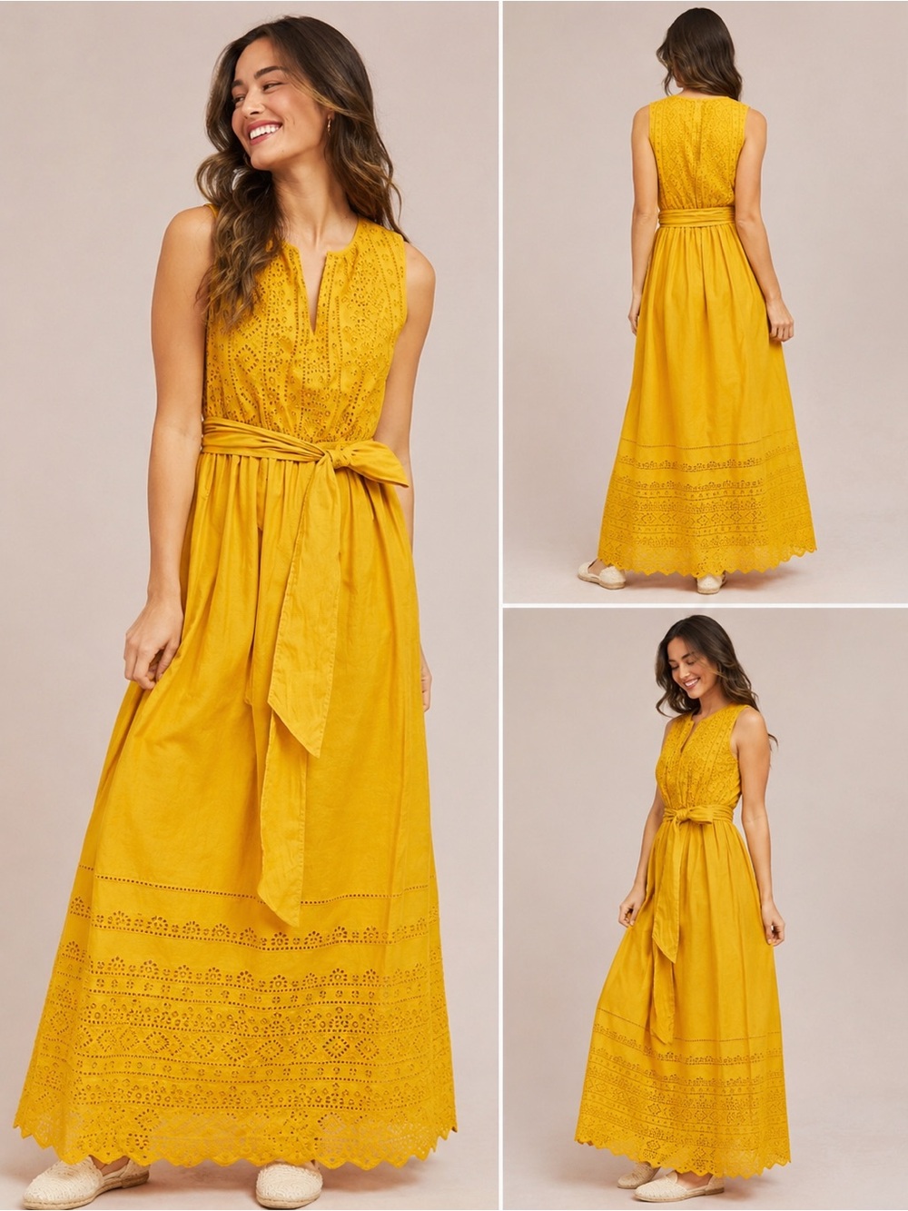 Anthropologie Sunflower Yellow Sleeveless Eyelet Maxi Dress with Waist Tie